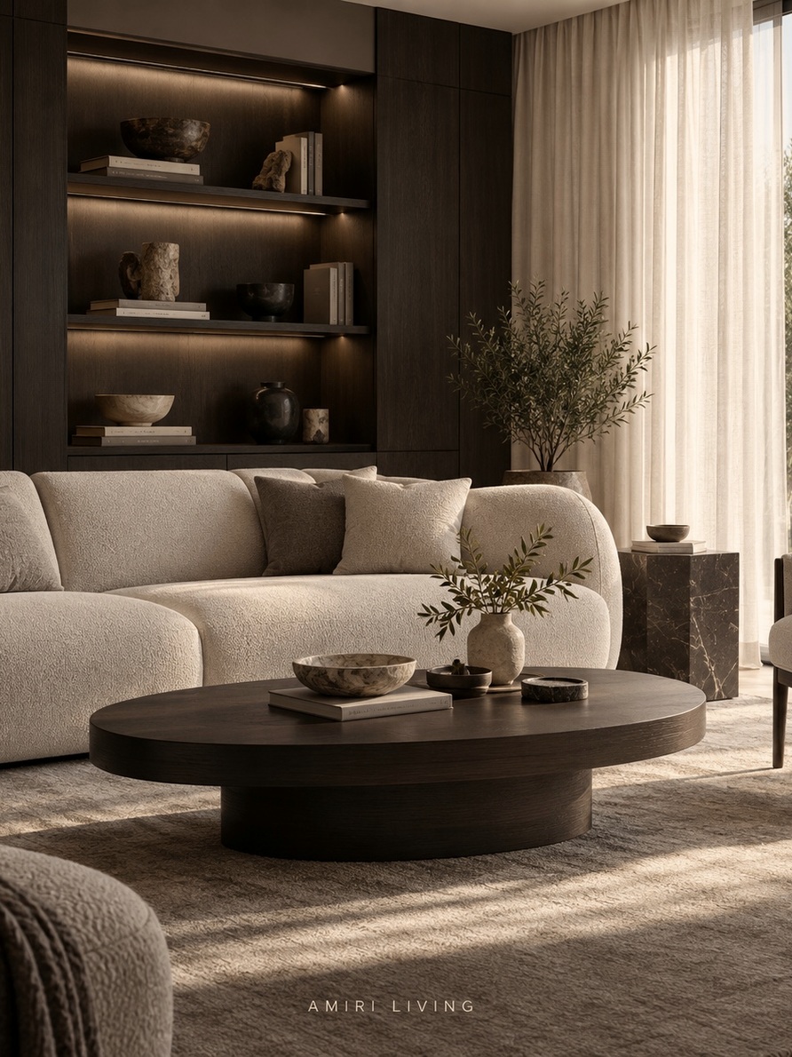 Warm contemporary living room in ivory and walnut tones